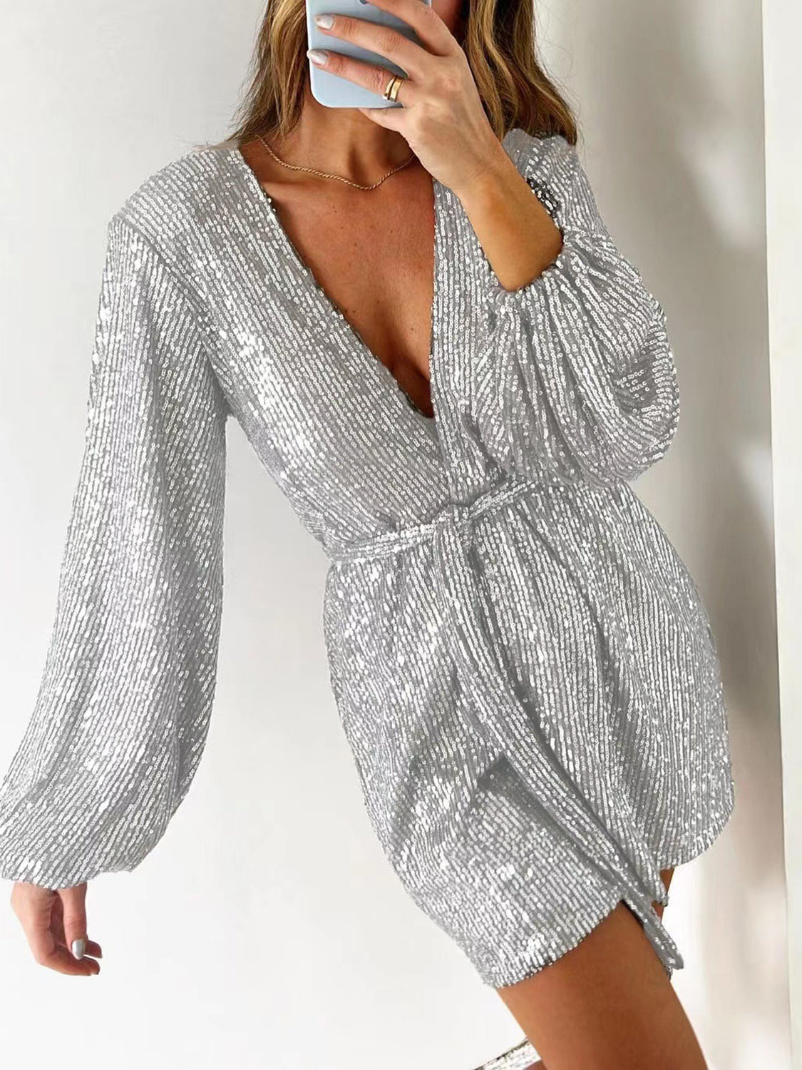 Sequin Surplice Tie Waist Long Sleeve Mini Romper
