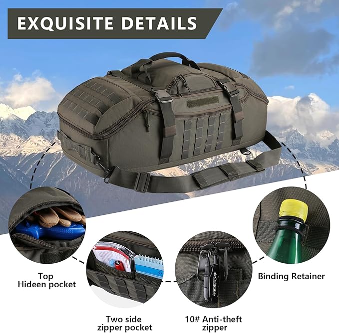 55L Large Duffle Bag, 3-in-1 Tactical Backpack MOLLE Pack for Sports, Gym, Outdoor, Olive Green
