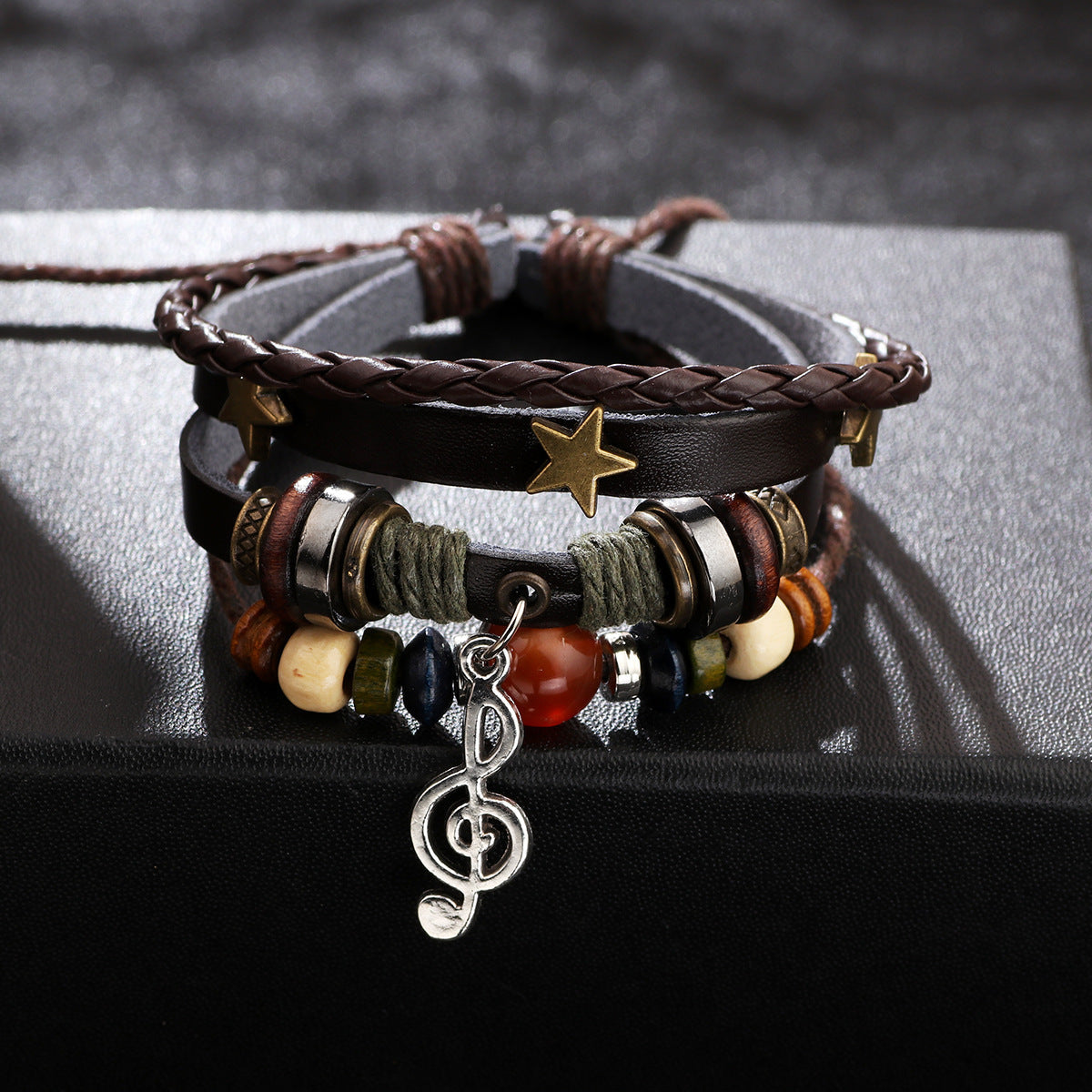 Cross-Border New Jewelry Multi-Layer Beaded Leather Bracelet With Musical Note Pendant, Music Festival Accessories, Hand-Woven