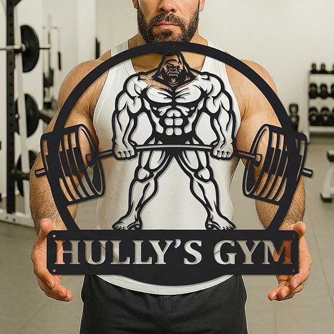 Personalized Gym Metal Wall Art Custom Name Workout Room Decor, Fitness Center Motivational Garage Sign, Powerlifting Home Gift for Women, Men, Dad, Papa, Grandpa, Mother, Sister, Girls, Family