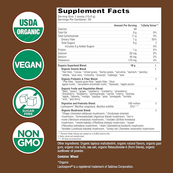 COUNTRY FARMS Organic Super Greens Chocolate Flavor, 50 Organic Super Foods, USDA Organic Drink Mix, Packed with Fiber, Fruits, Vegetables, Mushrooms & Probiotics, Supports Energy, 7g Fiber