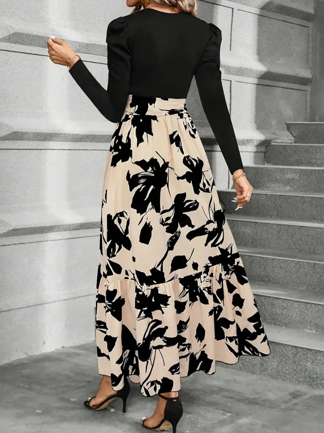 Printed Round Neck Long Sleeve Tied Midi Dress
