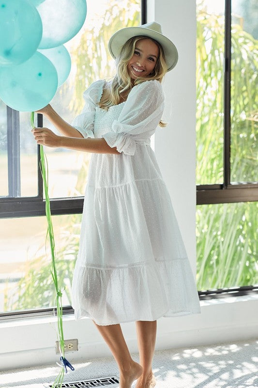Swiss Dot Smocked Tiered Midi Dress with Flounce Sleeves
