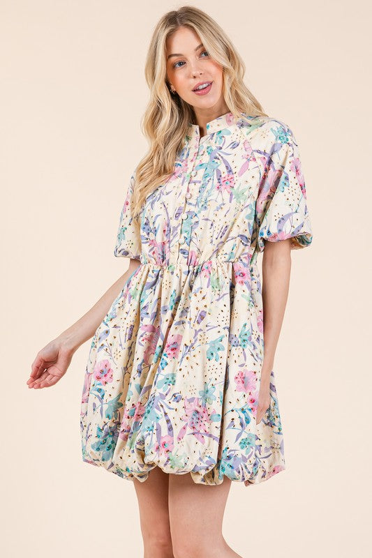 Floral Eyelet Lace Puff Sleeve Mini Shirt Dress