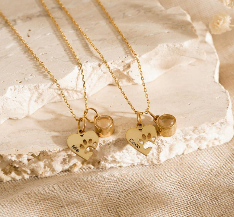 Personalized Gold Heart and Paw Print Photo Custom Necklace