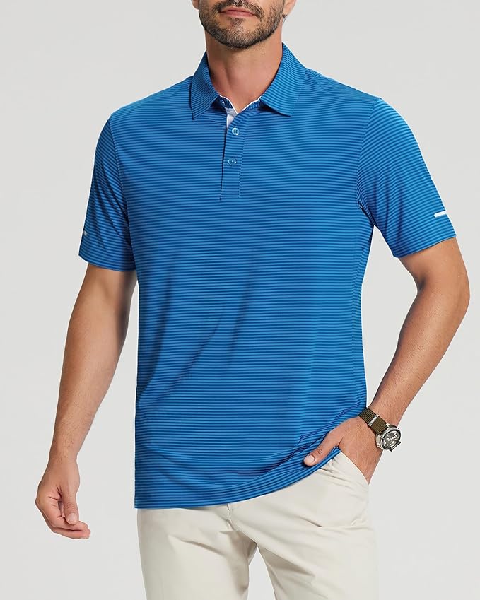 Men's Striped Golf Polo Shirt - Moisture Wicking Performance Sport