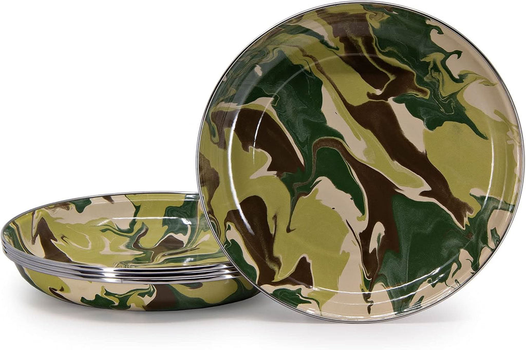 Set of four 10-inch Golden Rabbit enamelware pasta plates featuring a camouflage pattern.