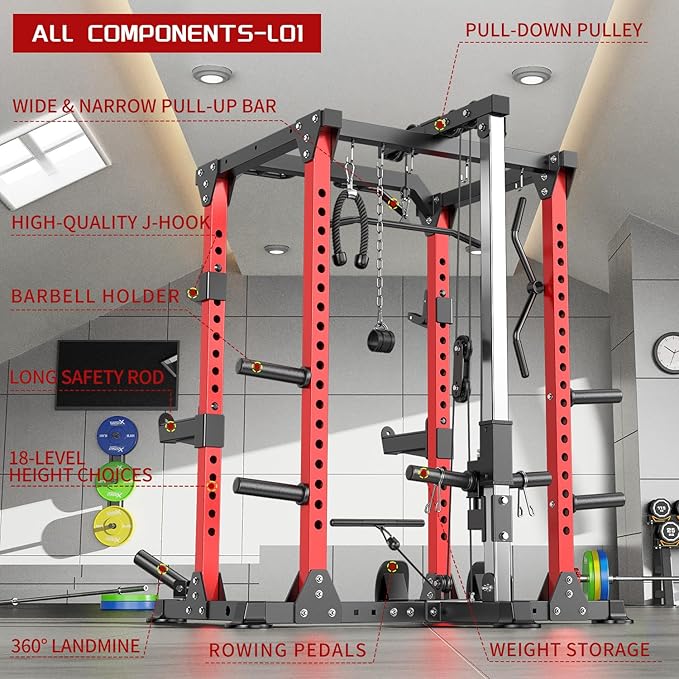 Power Cage Multi-Function Power Rack with Cable Crossover System,1800 LBS Capacity Squat Rack with Weight Bench,for Home Gym