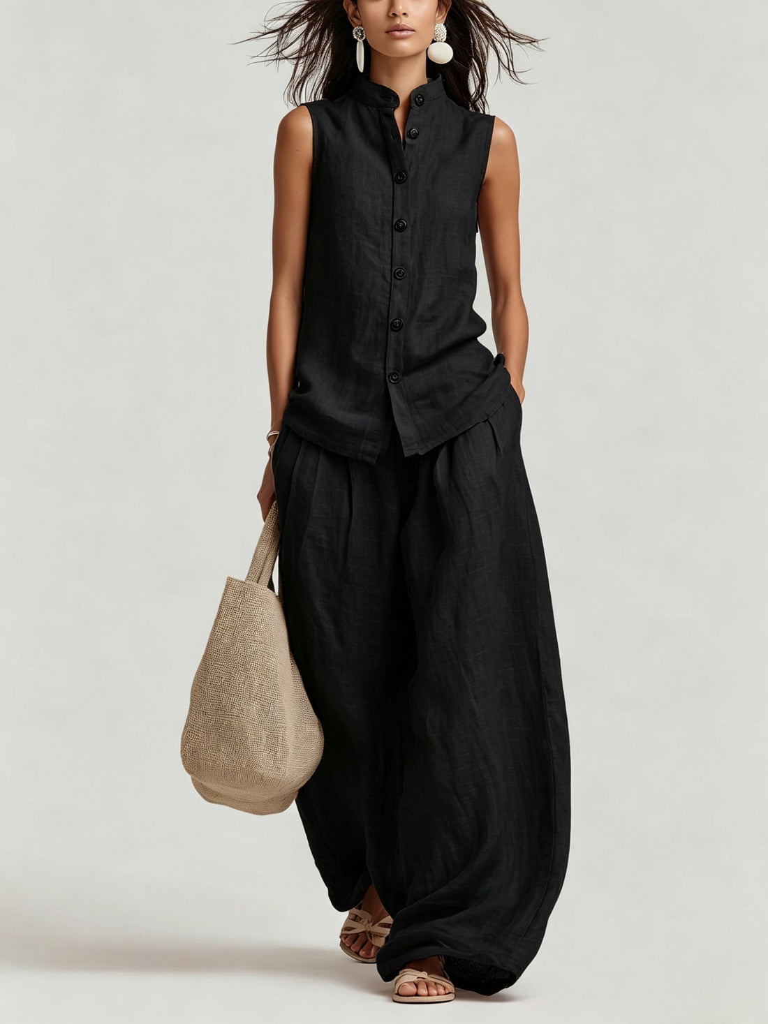Women's Cotton-Linen Sleeveless Button-Down Vest and Wide Leg Set - Image 6