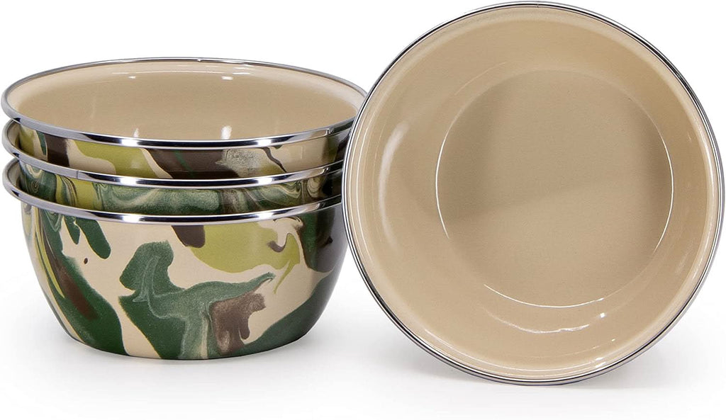 Set of 4 Camouflage Enamelware 3-Cup Salad Bowls - Rustic Kitchen