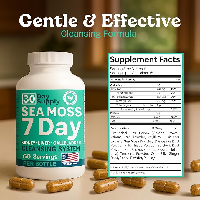 Atlantic Naturals Sea Moss Capsules – 7 Day Herbal Blend for Liver & Gallbladder Wellness – with Dandelion Root, Milk Thistle, Burdock Root, Red Clover & Chanca Piedra – 180 Count Sea Moss Capsules