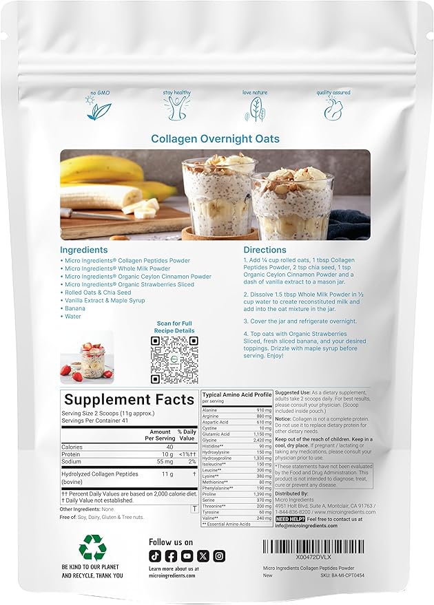 Micro Ingredients Bovine Collagen Peptides Powder, 1lb | Type I & III + Natural Protein | Grass-Fed Bovine Source | Unflavored | Supports Skin, Joint & Bone Health | Paleo, Non-GMO