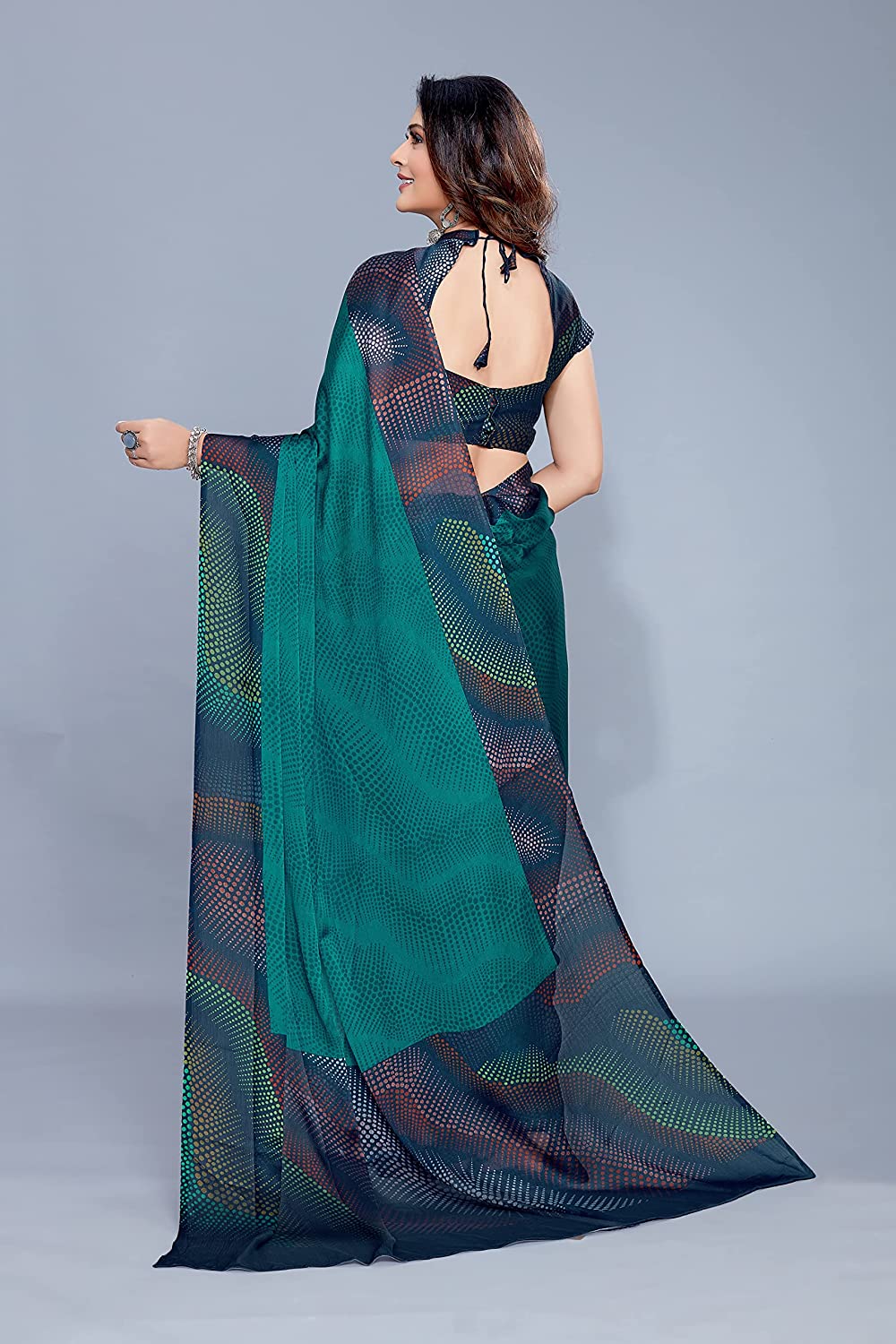 Teal Chiffon Saree with Colorful Moire Print for Festive Wear