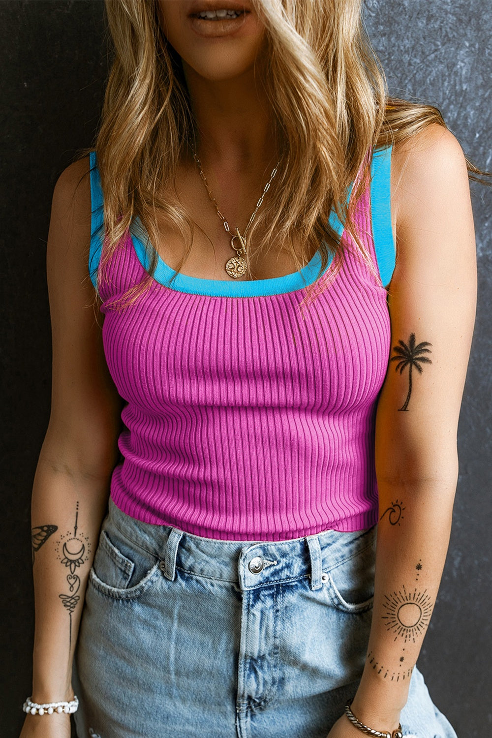 Women's Ribbed Knit Contrast Trim Tank Top Essential Layering Piece - Image 14