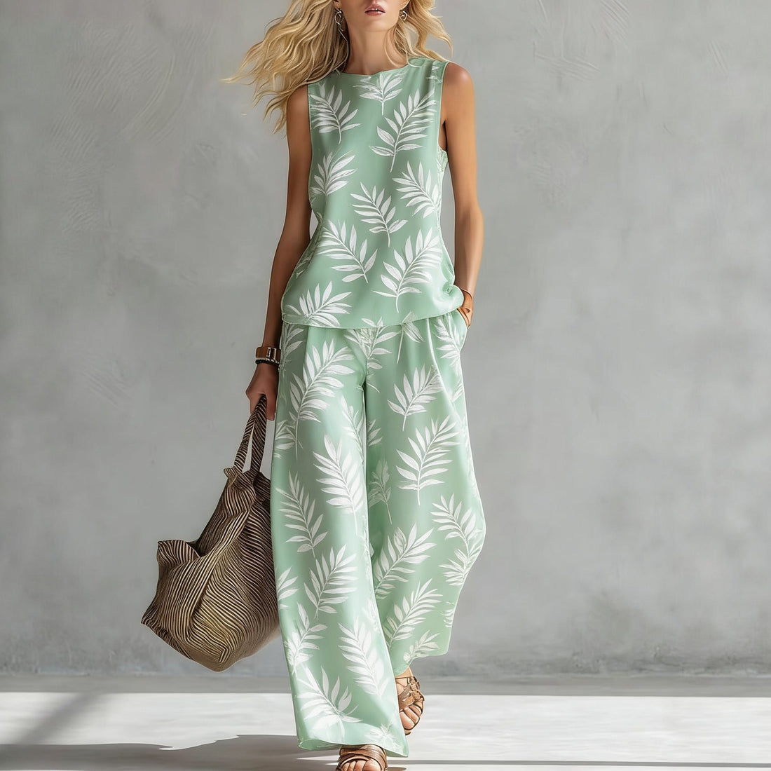 A woman wearing a matching sleeveless tank top and wide-leg pants set with a botanical print.