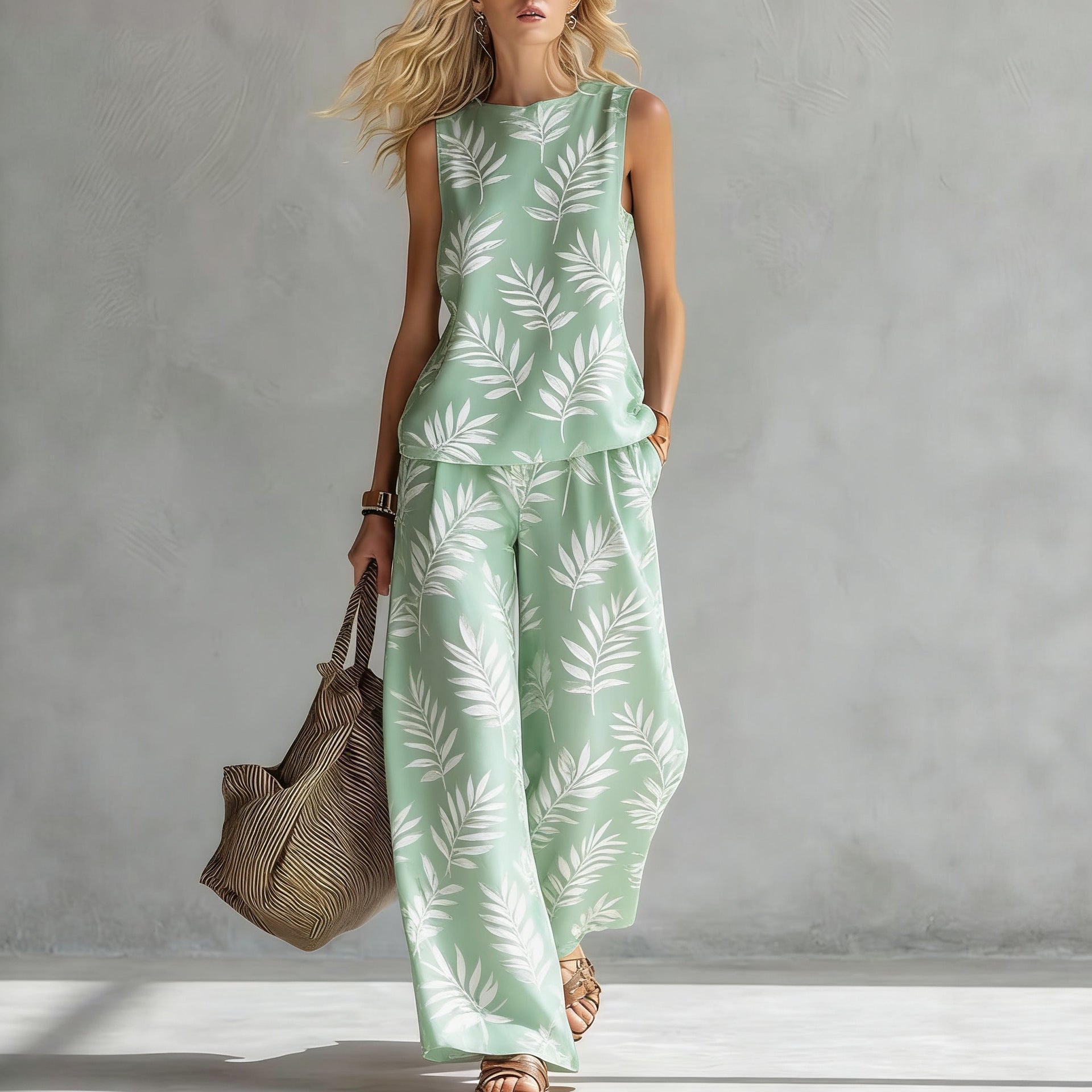 A woman wearing a matching sleeveless tank top and wide-leg pants set with a botanical print.
