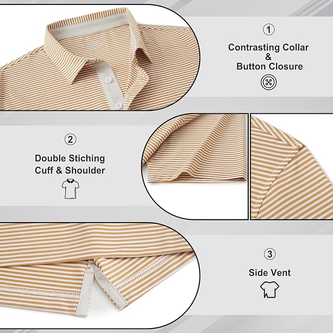 Men's Performance Striped Golf Polo Moisture Wicking Sport Shirt