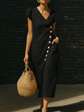 Women's V-Neck Short Sleeve Midi Dress with Button Detail - Image 6