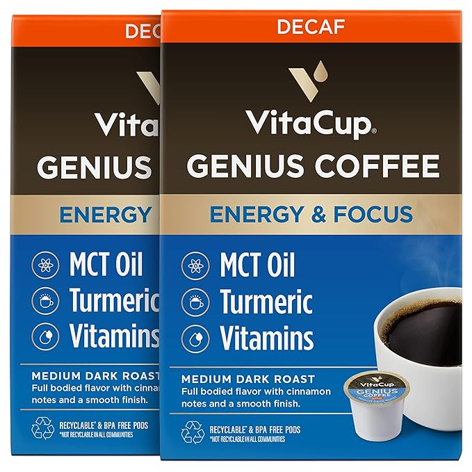 Decaf Genius Keto Coffee Pods with MCT Oil, Turmeric, and B Vitamins by VitaCup for Focus in Recyclable Single Serve Pod Compatible with K-Cup Brewers Including Keurig 2.0, 32 CT