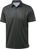 Close up of men's striped moisture-wicking golf polo with reflective sleeve cuff detail