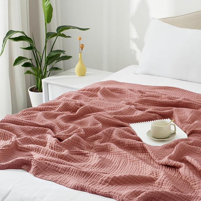 Carriediosa 100% Cotton Muslin Throw Blanket 50" X 70" Throw XL Size，4-Layers Summer Gauze Throws for Bed Couch，Soft Lightweight Breathable Linen Blankets Bedspread for Adults All Season，Mauve