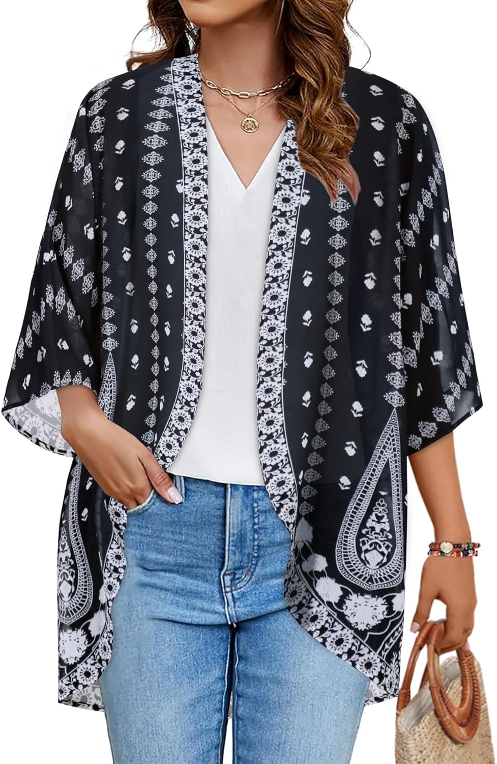 Floral Print Kimono Cardigan Women Puff Sleeve Cover Up Casual Blouse Loose Top