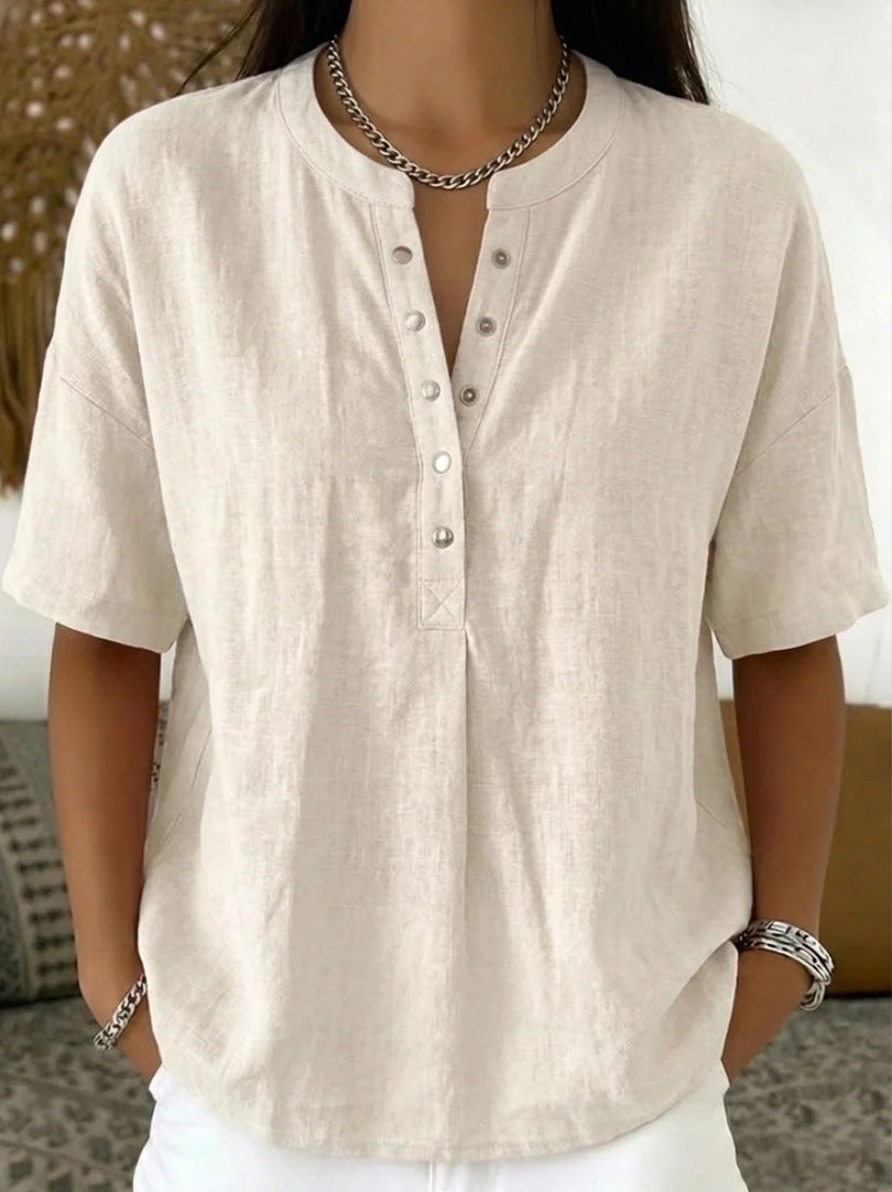 Women's Loose-Fit Short-Sleeve Henley Pullover Top - Image 6