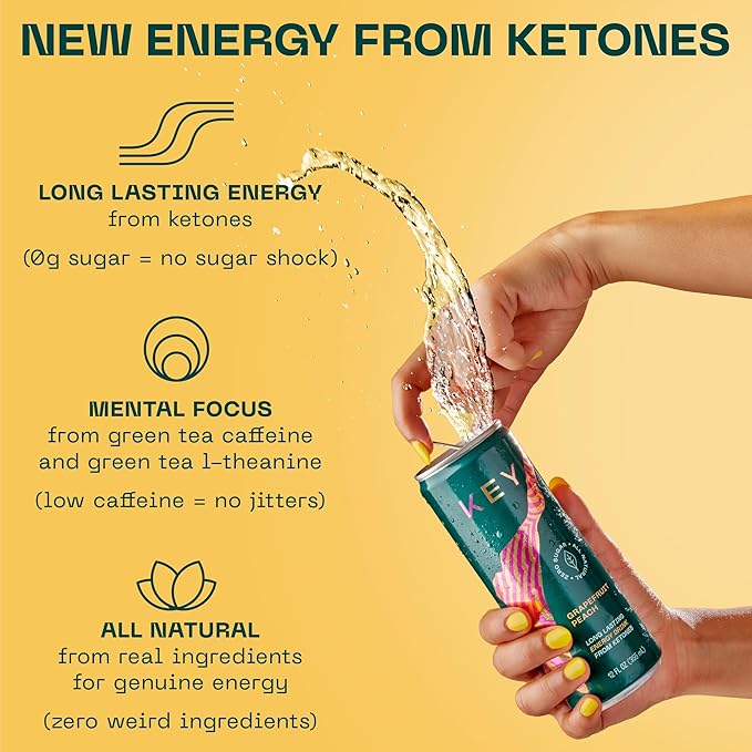 KEY Ketone Energy Drink : Sugar Free, 80mg Low Caffeine, All Natural, 11.5g Ketones, Long Lasting Energy, Green Tea & L-Theanine for Mental Focus, Grapefruit Peach (Pack of 12)