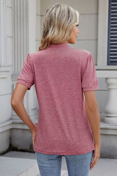 Women's Solid Color Notched Neck Short Sleeve Casual Blouse - Image 6