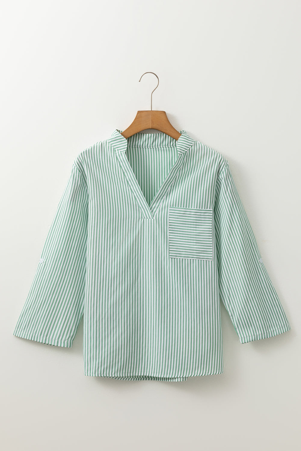 Green Stripe V-Neck Roll-Up Sleeve Shirt with Pocket Detail