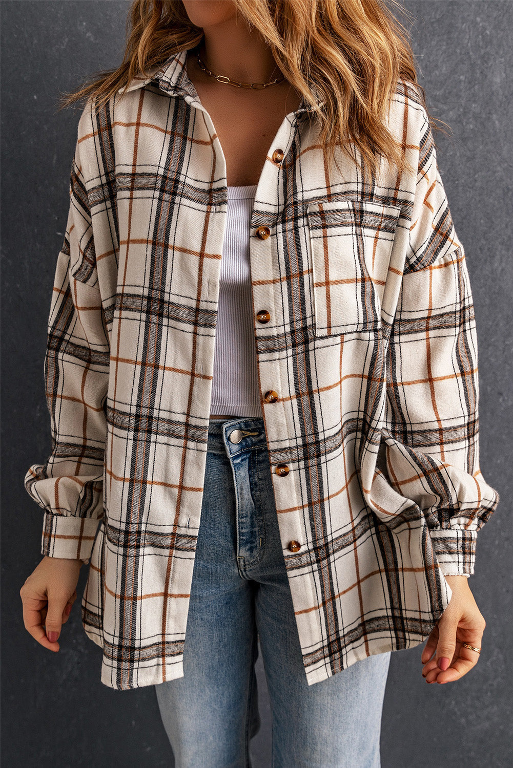 Women's Plaid Oversized Side Slit Shacket in Off-White, Brown, Black
