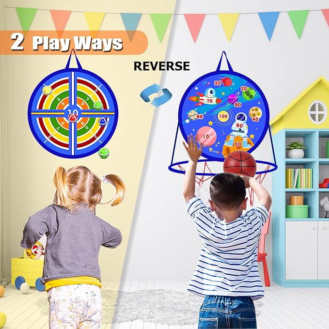 2 in 1 Basketball Hoop and Dart Board, 14" Dart Board for Kids, Basketball Hoop for Kids Toddlers, Sports & Outdoor Play, Birthday Gift Toys for 3 4 5 6 7 8 9 10 Year Old Boys Girls Kids, Party Favors