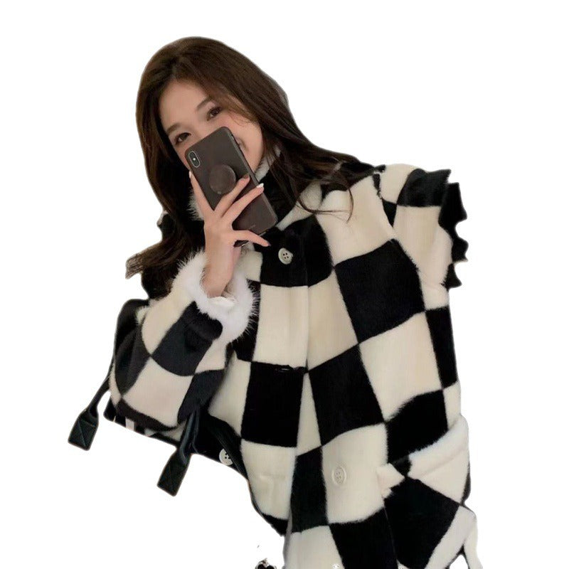 Women's Elegant Black & White Checkerboard Double-Breasted Long Coat - Image 4