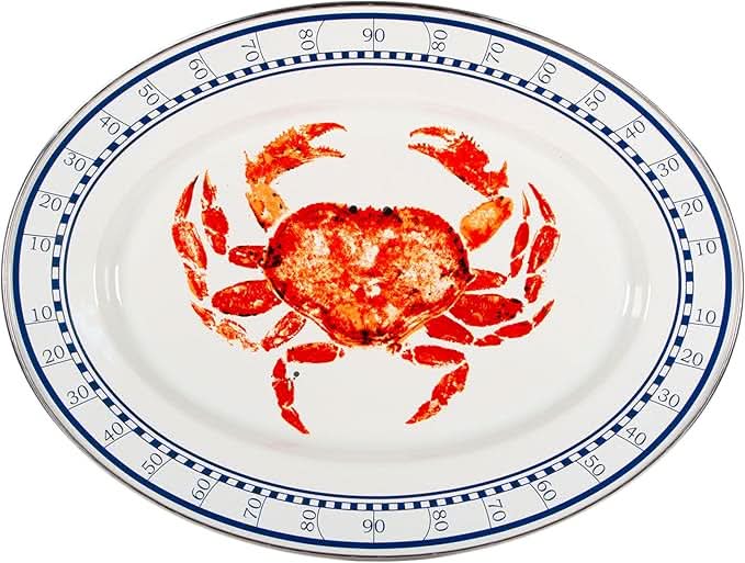 12 x 16 inch oval enamelware platter featuring a red crab design and dark blue trim