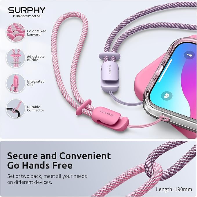 SURPHY 2 Pack Phone Lanyard for Cellphone Case, Phone Wrist Strap for Case, Cellphone Strap with 2-Color Braided, Charm Wrist Lanyard for Women, Cellphone Wrist Lanyard for Women, Rose Pink & Lilac