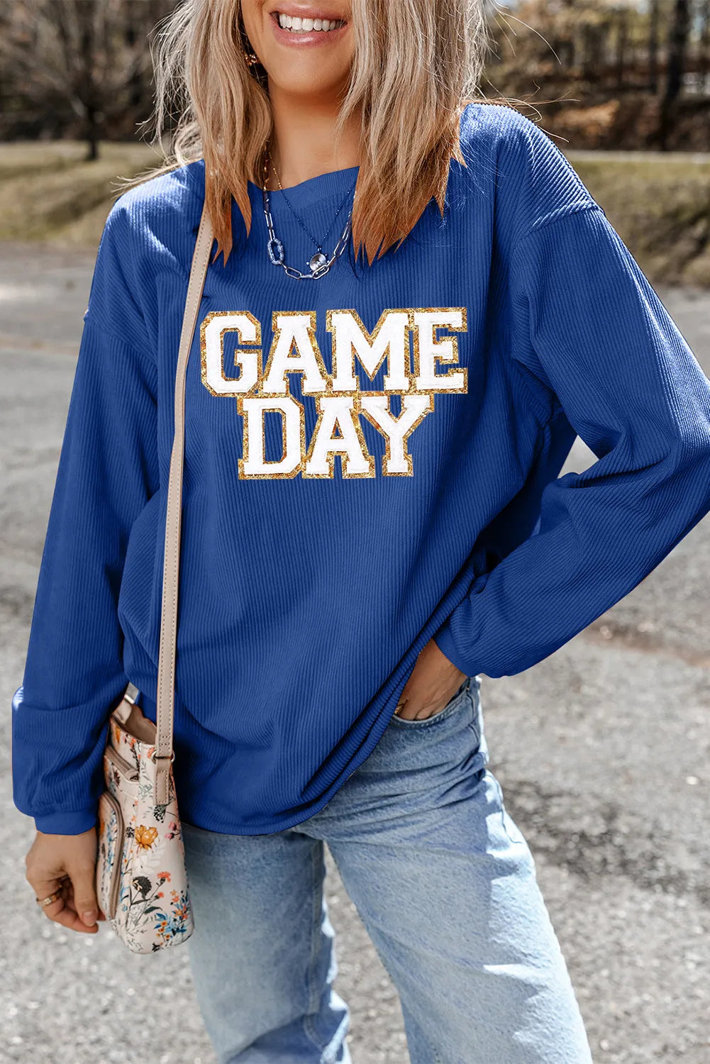 GAME DAY Round Neck Long Sleeve Sweatshirt | Glitter Polyester