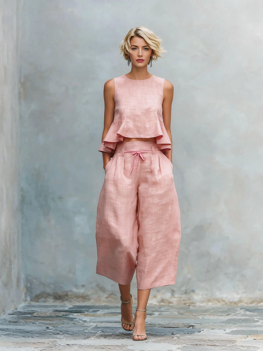 Women's Linen-Blend Sleeveless Ruffled Top and Cropped Pant Set