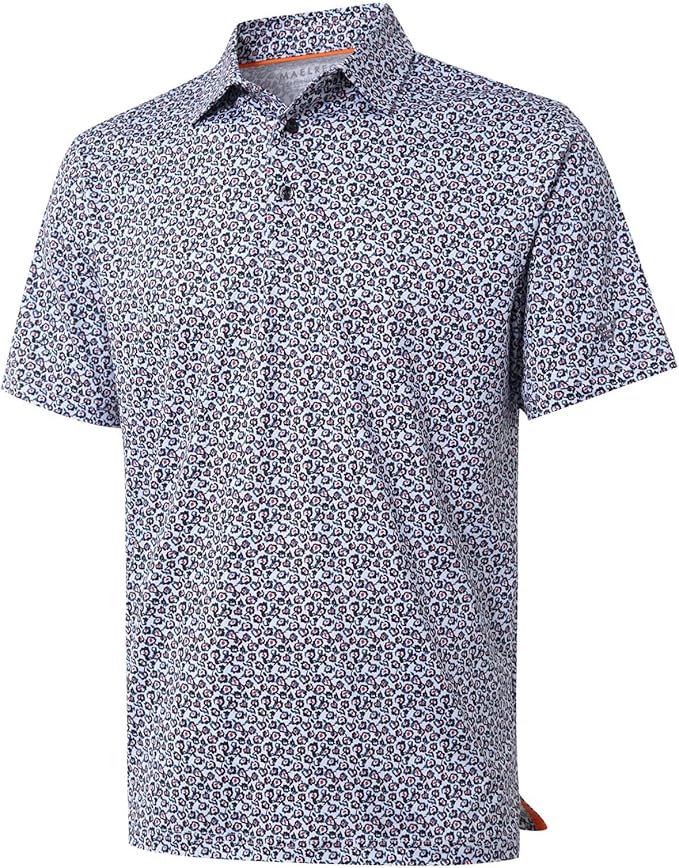 Man wearing a light-based athletic golf polo with a red and navy abstract micro-pattern, short sleeves, and collar.