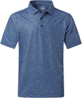 Men's short sleeve golf polo in cobalt and navy blue with micro-floral print and 3-button placket.