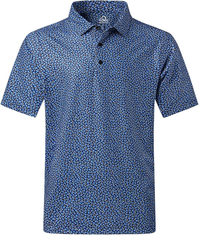 Men's short sleeve golf polo in cobalt and navy blue with micro-floral print and 3-button placket.