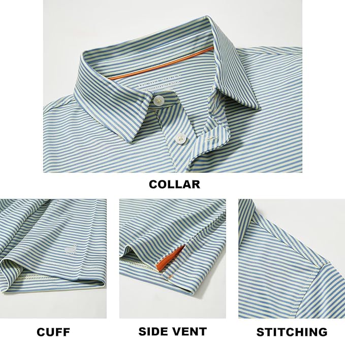 Mens Striped Performance Golf Polo Shirt - Moisture Wicking Dry Fit