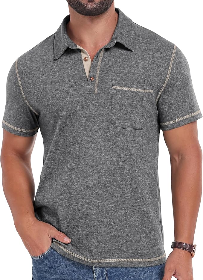 Men's short sleeve textured cotton polo shirt with chest pocket and faux wood buttons