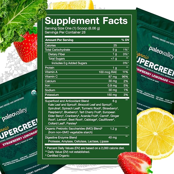 Paleovalley Organic Supergreens - Organic Greens Powder Superfood for Immune Support - Paleo Green Powder Blend - 28 Servings - 23 Organic Superfoods - Gluten Free, No Cereal Grasses, Soy or Grain