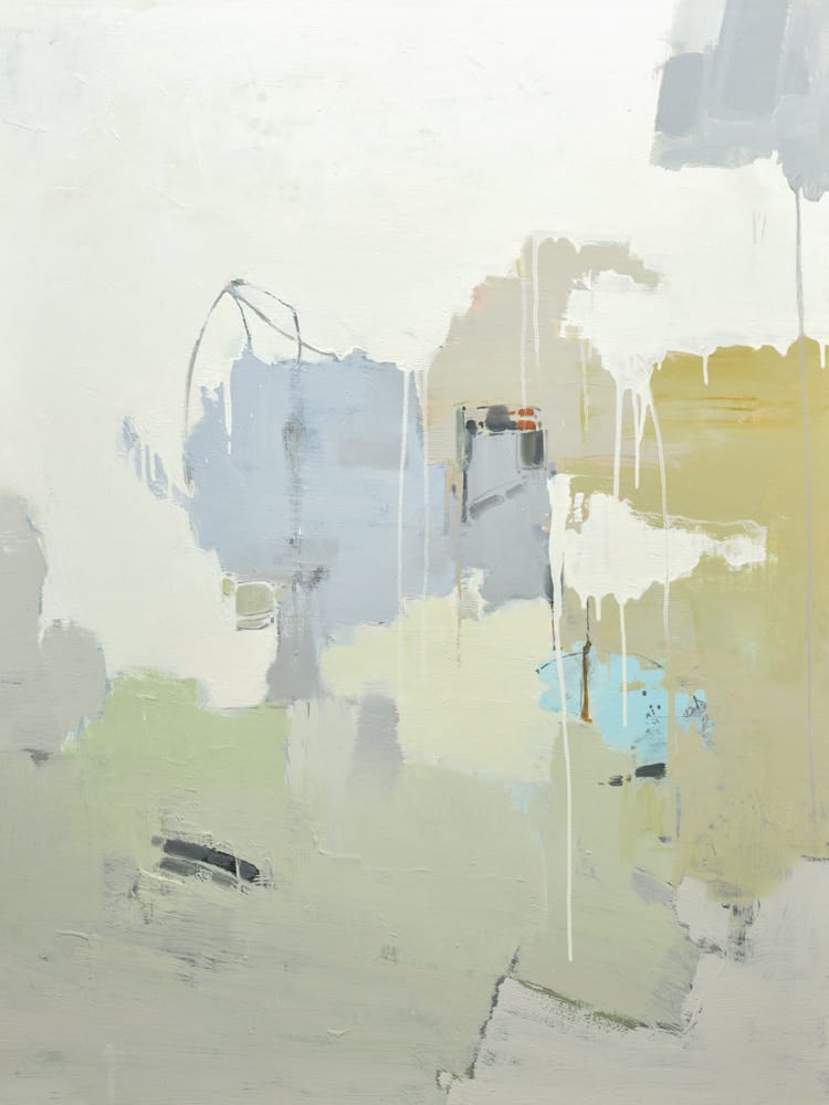 Large abstract canvas painting in cream, sage-green, pale-blue, and ochre with hand-painted texture.