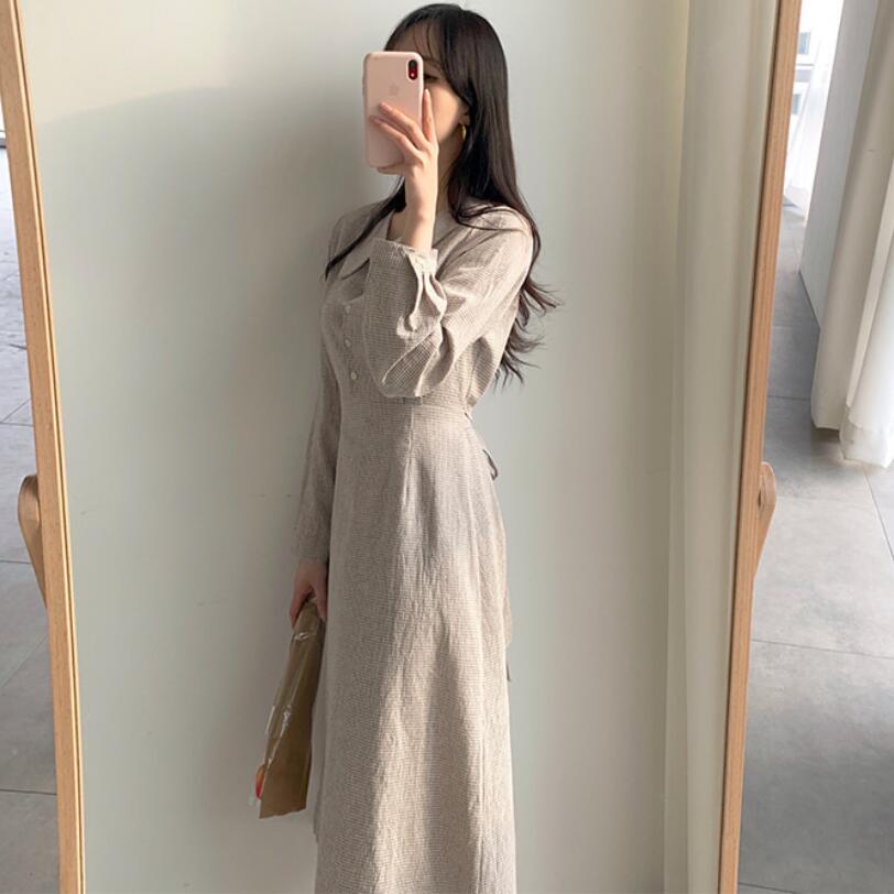 2020 Korean Style Long Sleeve Checkered Dress