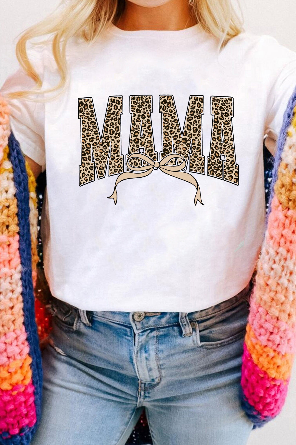 White Leopard Bow MAMA Graphic Crew Neck T Shirt