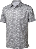 Close up of men's striped moisture-wicking golf polo with reflective sleeve cuff detail