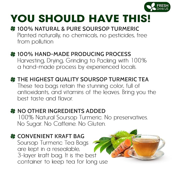 FreshDrinkUS, Premium 40 Soursop Turmeric Tea Bags, 100% Natural, Blend of Soursop Leaves, and Turmeric Root. Made with Natural Material Tea Bags. No Sugar, Vegan.