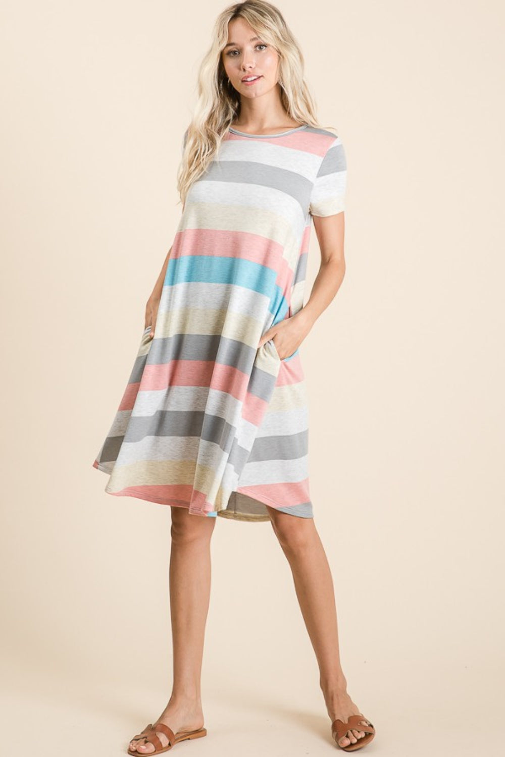 Striped Short Sleeve Dress with Pockets for Women - Casual Fit