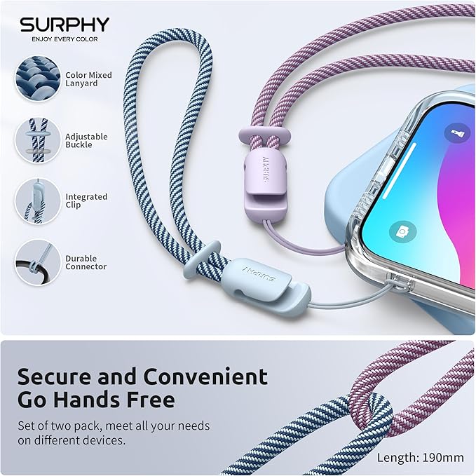 SURPHY 2 Pack Phone Lanyard for Cellphone Case, Phone Wrist Strap for Case, Cellphone Strap with 2-Color Braided, Charm Wrist Lanyard for Women, Cellphone Wrist Lanyard for Women, Lilac & Cloud Blue